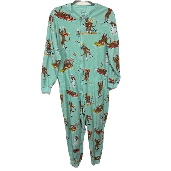 Nick & Nora Size XL One Piece Down Hill Sock Monkeys Fuzzy Winter Sledding Snow - Picture 2 of 7